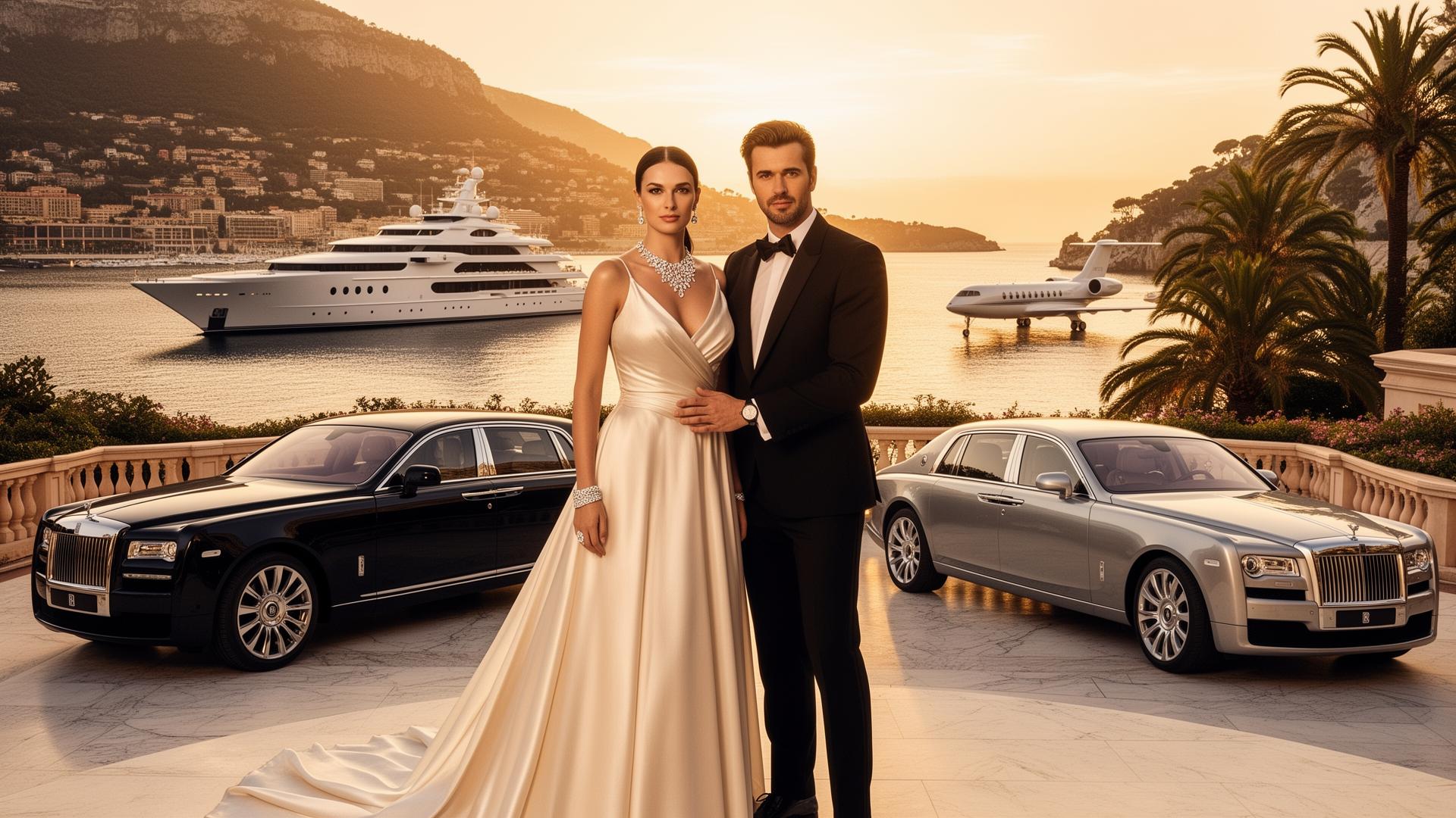 Two guests in high-fashion evening wear on a marble terrace overlooking Monaco harbor at golden hour with luxury cars and mega-yachts